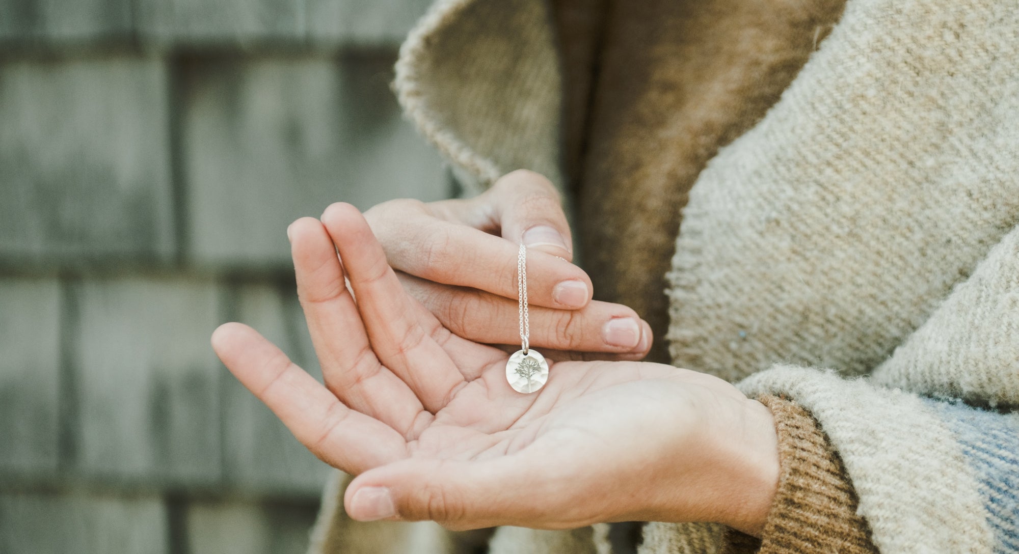 Person holding a delicate necklace with a round pendant.